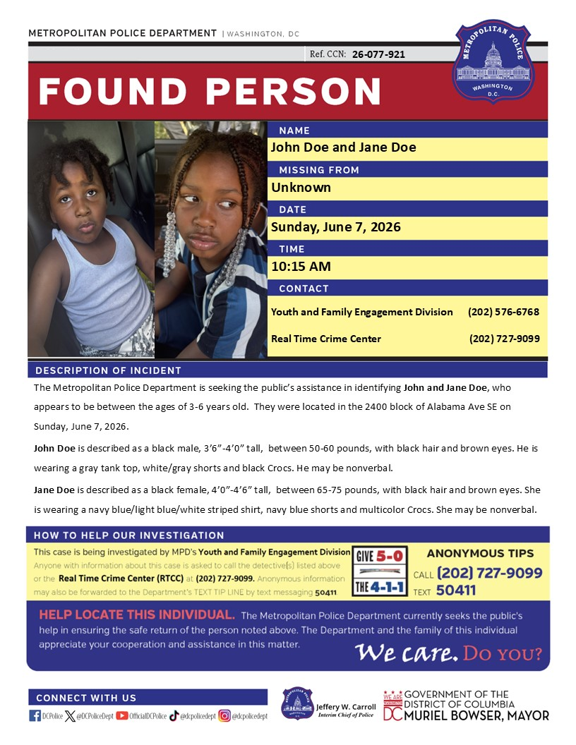 DC Police Confirm Children Found on Alabama Ave Reunited with Parent ...