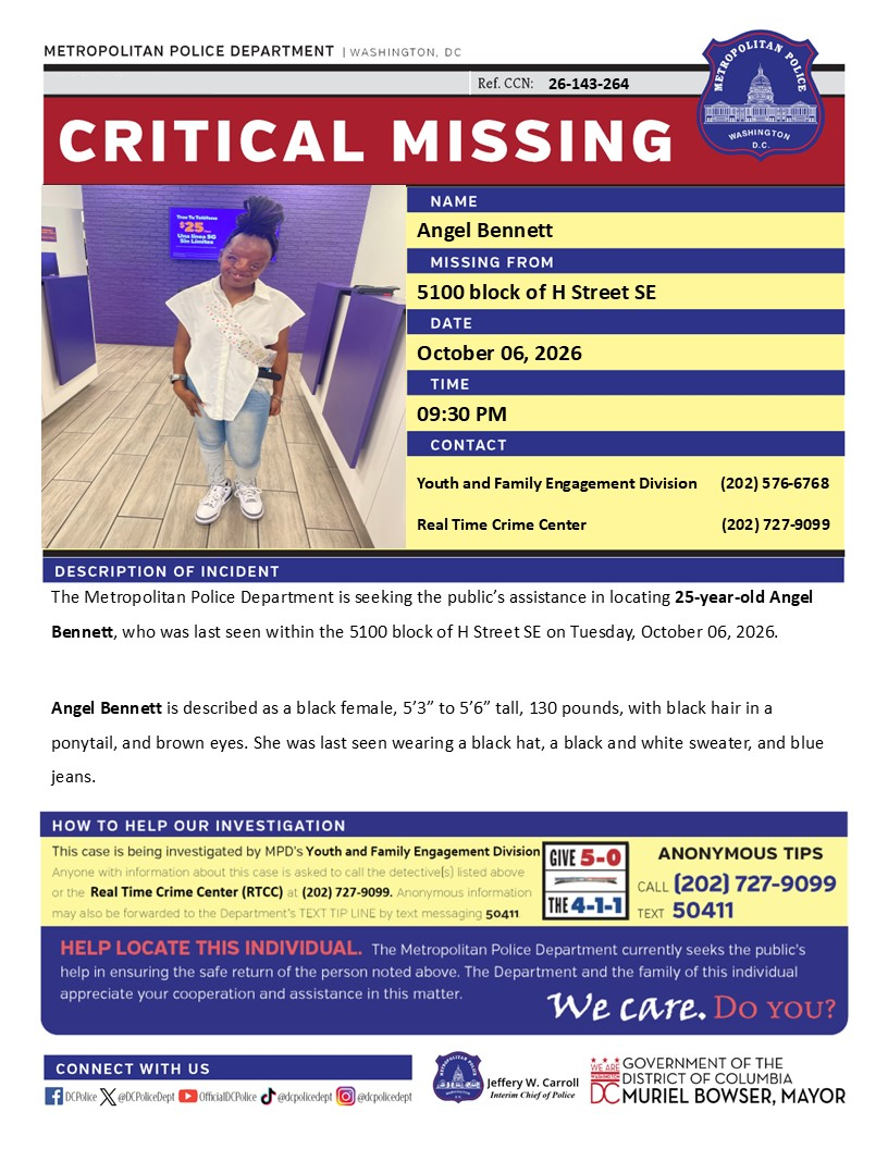 Professinal Cop Critical Missing Person Angel Bennett | DC Metropolitan Police | Forth