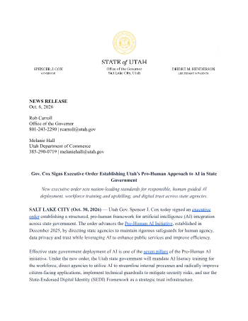 NEWS RELEASE: Gov. Cox Signs Executive Order Establishing Utah’s Pro ...